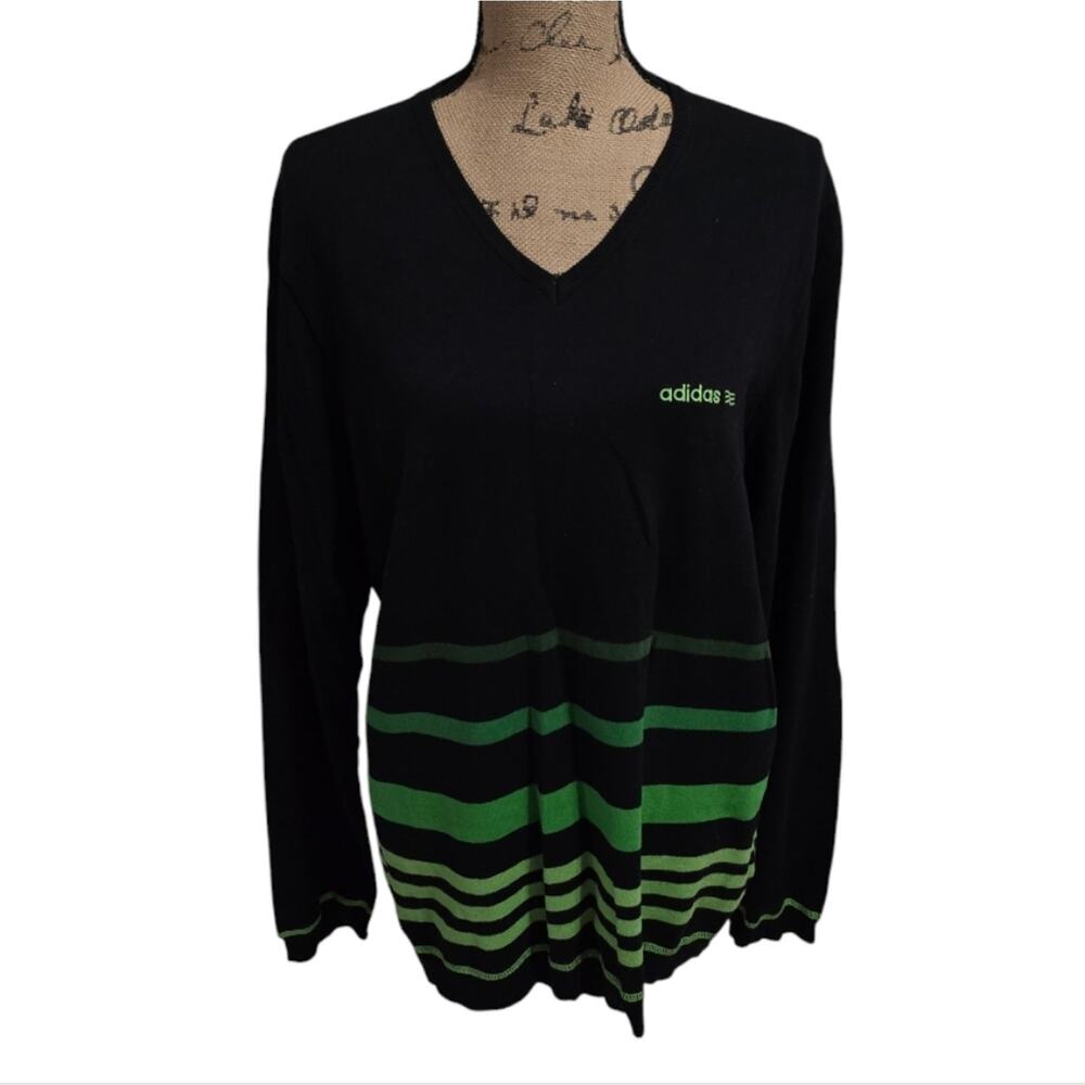 Adidas Women's V Neck Black and Green Striped Sweater Size Medium